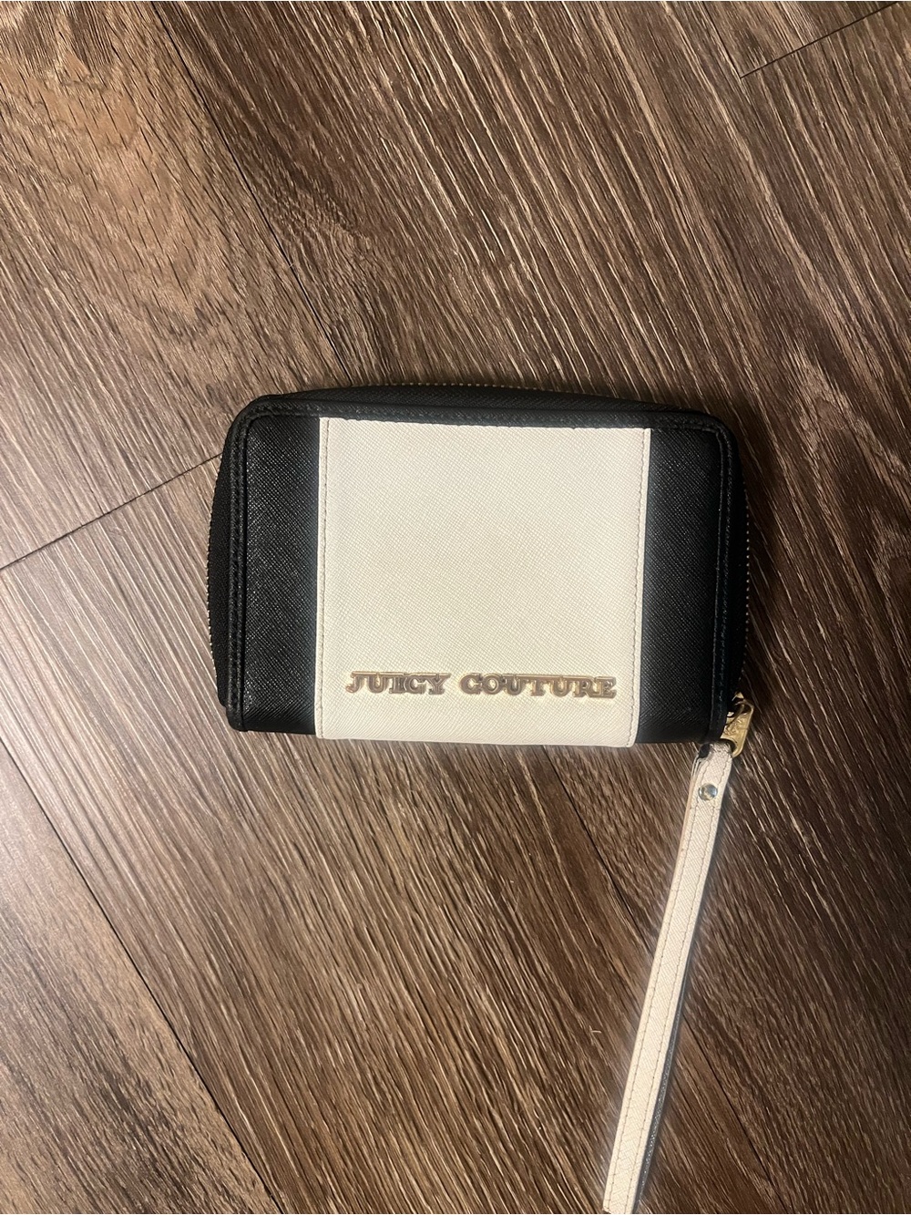 Juicy Couture Black and White Zip-Around Wristlet Wallet with Gold Logo